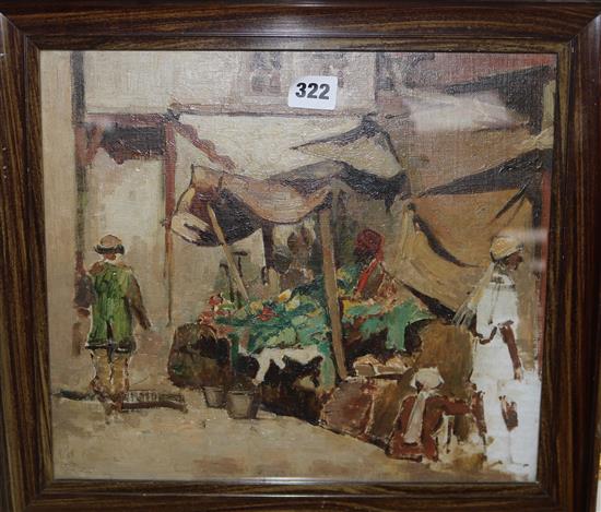 English School (20th century), two African street scenes and another oil by D A Baird, Indian water carrier (3)